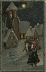 Santa Claus with Toy Sack in a Small Town Postcard