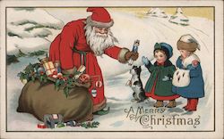 Santa giving presents to two children and a dog Santa Claus Postcard Postcard Postcard