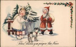 Young Girl and Dog with Santa Claus Postcard Postcard Postcard