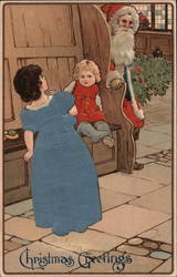 Santa Claus Peeking Around Bench to Watch Two Children Postcard