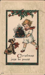 Child carrying Christmas feast by a dog Santa Claus Postcard Postcard Postcard