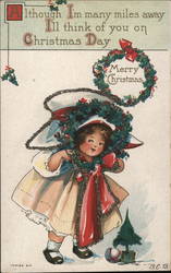 Young Girl Holding Wreath w/Glitter Children Postcard Postcard Postcard