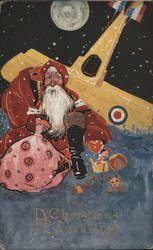 Santa Claus with Sack of Toys and Wrecked Biplane in the Back Postcard