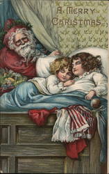 Santa Claus Watching Children Sleeping A. L. Bowley Postcard Postcard Postcard