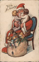 Santa in Red hugging two little children Postcard