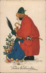 Santa Claus wearing a green hat delivering toys in a blue bag to children Postcard