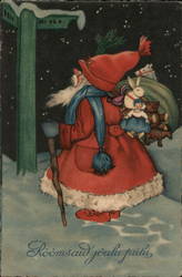 Santa Looking at Sign Post on Christmas Night Carrying Bag of Gifts Postcard