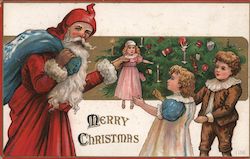 Santa Claus Giving Doll to Young Girl Postcard