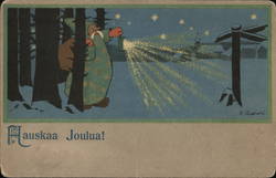 Hauskaa Joulua! Santa Emerges from the Woods with a Lantern Santa Claus G. Caspari Postcard Postcard Postcard