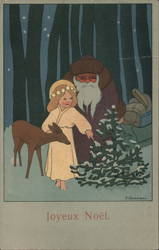 Santa Claus and Child angel with deer in the snow looking at the tree G. Caspari Postcard Postcard Postcard