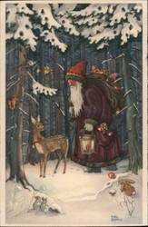 Santa Walking A Deer in a Snowy Forest at Night Santa Claus Fabig Dishing Postcard Postcard Postcard