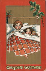 Two Children Laying in Bed with a Doll Postcard