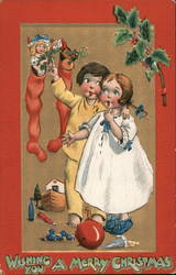 Children Looking at Toys in Stockings Postcard Postcard Postcard