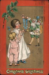 Children Watching Santa in Green Outfit Stuff Stockings Postcard