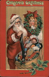 Santa Claus Delivering Toys and Girl Holding Wreath Postcard