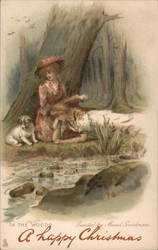 A Happy Christmas in the Woods with Two Women and Dog Postcard