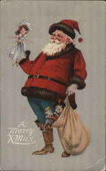 A Merry X-Mas Santa with Doll and Presents Santa Claus Postcard Postcard Postcard