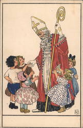 Saint nicolas greeting children in a religious robe Santa Claus Marianne Hltschmann-Steinberger Postcard Postcard Postcard