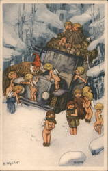 Cherubs Shiver in Snow as Santa Claus Fixes His Car R. Hogfeldt Postcard Postcard Postcard