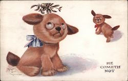 A dog waiting for another under mistletoe, but he is running away. Postcard