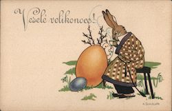 Bunny in a robe sipping tea next to Easter Eggs Postcard
