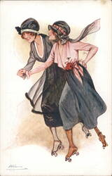 Two Women Roller Skating in 1918 Parisian Fashion Postcard