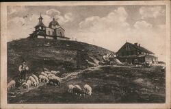 Radhost, Chapel and Inn, Czechoslovakia, Shepherd and Sheep Postcard