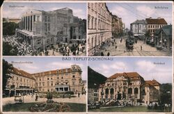 Teplitz-Schönau Stadt Theater, Herrenhausbäder, Steinbad, Schulplatz Postcard