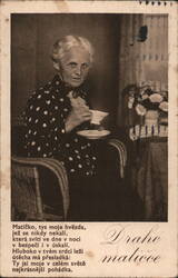 Elderly Woman Drinking Tea, Czech Poem Czechoslovakia Coffee & Tea Postcard Postcard Postcard