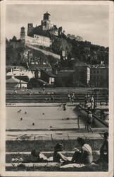 Trenčín, Czechoslovakia - Swimming Pool and Castle Postcard