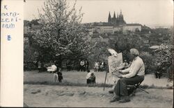 Artist Painting Prague Castle, Petřín Hill, Czechoslovakia Postcard