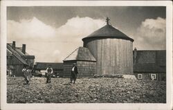 People in front of a round wooden building, Krkonoše Mountains Czechoslovakia Postcard Postcard Postcard