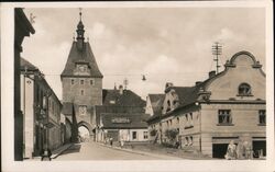 Domažlice, Czechia - Gate Tower and Street View Postcard