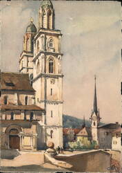 Grossmünster from Zwingliplatz, Zurich, Switzerland Postcard