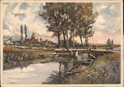 Canal Scene with Drawbridge, Boat, and Village Postcard