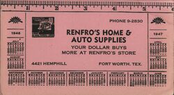 Renfro's Home & Auto Supplies Pocket Calendar 1946-47 Blotter