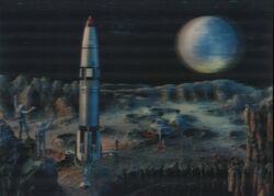 Rocket on Moon Surface with Earth in Background Postcard