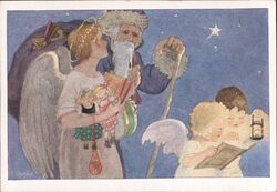 Angel, Santa, Children with Lantern & Book, F. Schoenjahn Postcard