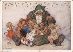 Antique German Christmas Postcard, Santa with Toy Bag and Children Münden, Germany Santa Claus F. Schancket Postcard Postcard