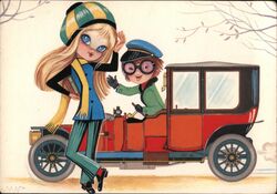 1960's Vintage Postcard - Couple by Antique Car Postcard