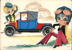 1960's Renault 1910 Car, Boy & Girl Illustration Postcard Postcard