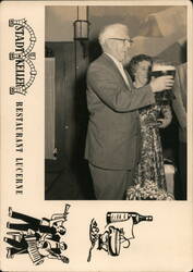 Man and Woman Toasting with Large Beer Glass at Restaurant Lucerne Postcard