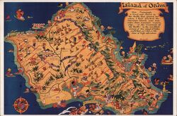 Island of Oahu Pictorial Cartoon Map Postcard