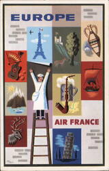 Europe Travel Poster Air France Eiffel Tower Leaning Tower of Pisa Postcard