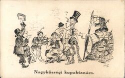 Nagyközségi kupaktanács - Hungarian Village Council Caricature Postcard