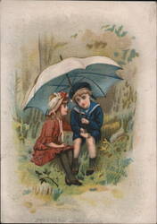 Children Under an Umbrella in a Forest Trade Card