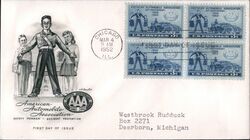 1952 3c American Automobile Association 50th Anniversary Block of Stamps First Day Cover First Day Cover