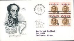 1958 8c Simon Bolivar Champion of Liberty Block of Four Stamps First Day Cover First Day Cover