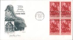 1956 3c Benjamin Franklin 250th Birthday Block of Four Stamps First Day Cover First Day Cover