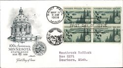 1958 3c Minnesota Statehood Block of Stamps First Day Cover First Day Cover